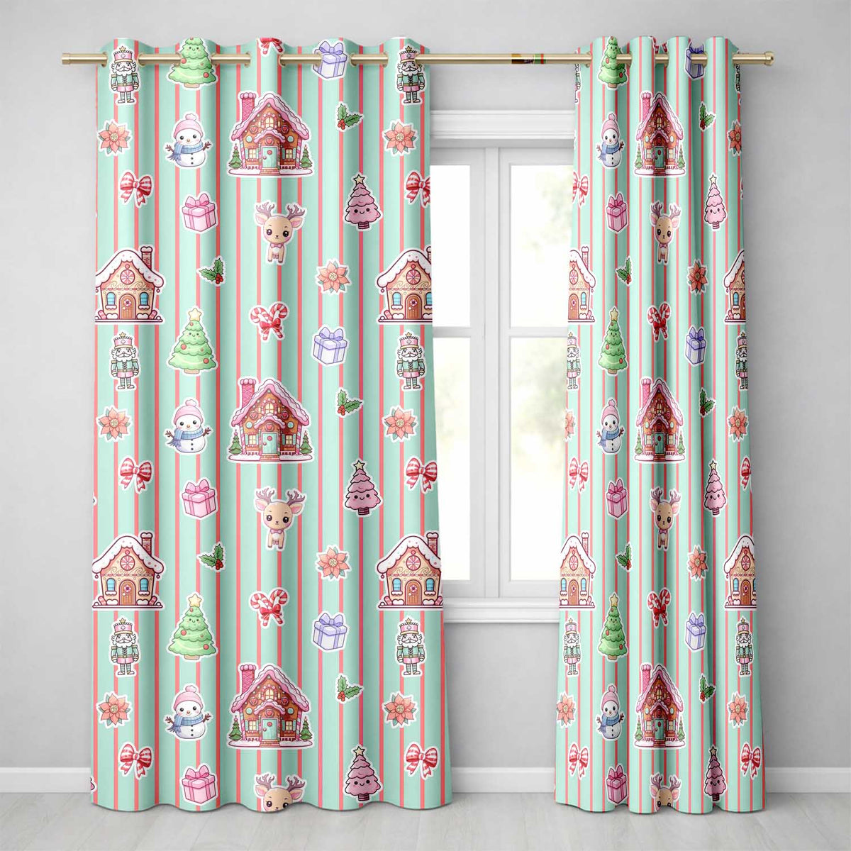 Cute Christmas Festive Stickers Gingerbread House Tree Teal Stripe Background  Readymade Eyelet Ring Top Thermal 100% Blackout Curtains
