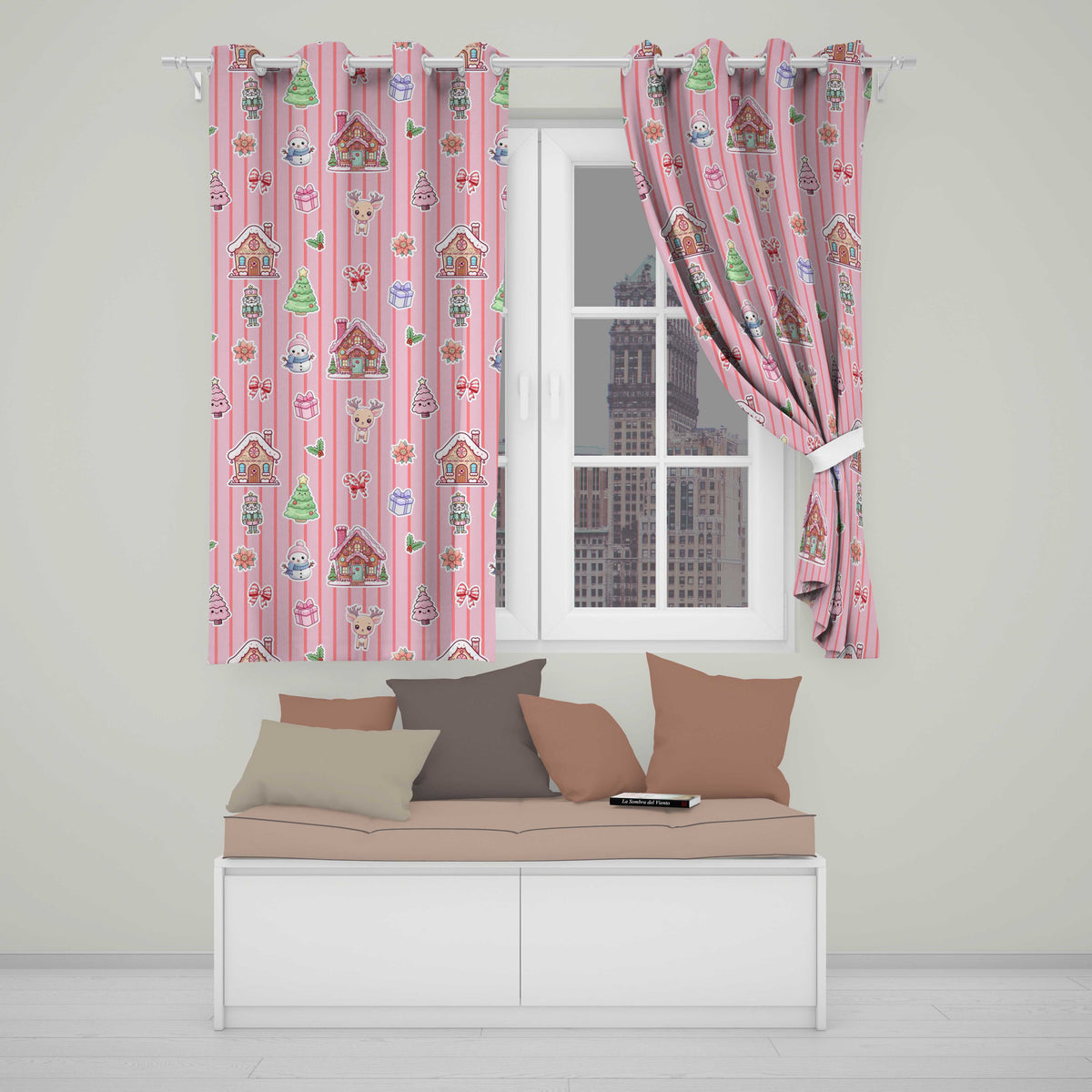 Cute Christmas Festive Stickers Gingerbread House Tree Pink Stripe Background  Readymade Eyelet Ring Top Thermal 100% Blackout Curtains