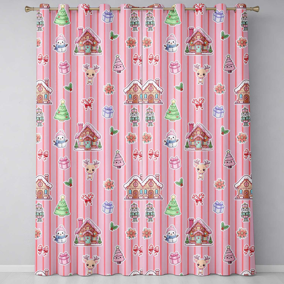 Cute Christmas Festive Stickers Gingerbread House Tree Pink Stripe Background  Readymade Eyelet Ring Top Thermal 100% Blackout Curtains