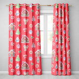 Cute Christmas Festive Stickers Gingerbread House Tree Red Stripe Background  Readymade Eyelet Ring Top Thermal 100% Blackout Curtains