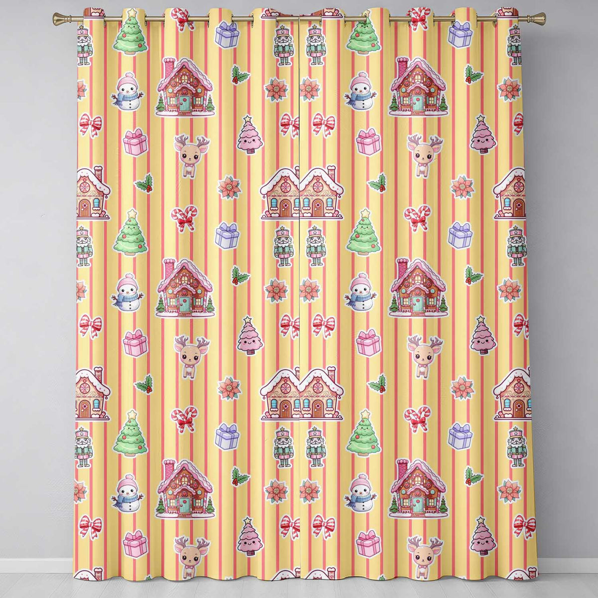 Cute Christmas Festive Stickers Gingerbread House Tree Yellow Stripe Background  Readymade Eyelet Ring Top Thermal 100% Blackout Curtains