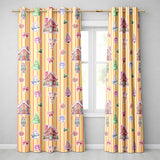Cute Christmas Festive Stickers Gingerbread House Tree Yellow Stripe Background  Readymade Eyelet Ring Top Thermal 100% Blackout Curtains