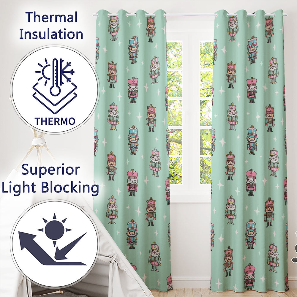 Cute Nutcracker Soldiers Christmas Toy Characters  Pattern Teal Background  Readymade Eyelet Ring Top Thermal 100% Blackout Curtains