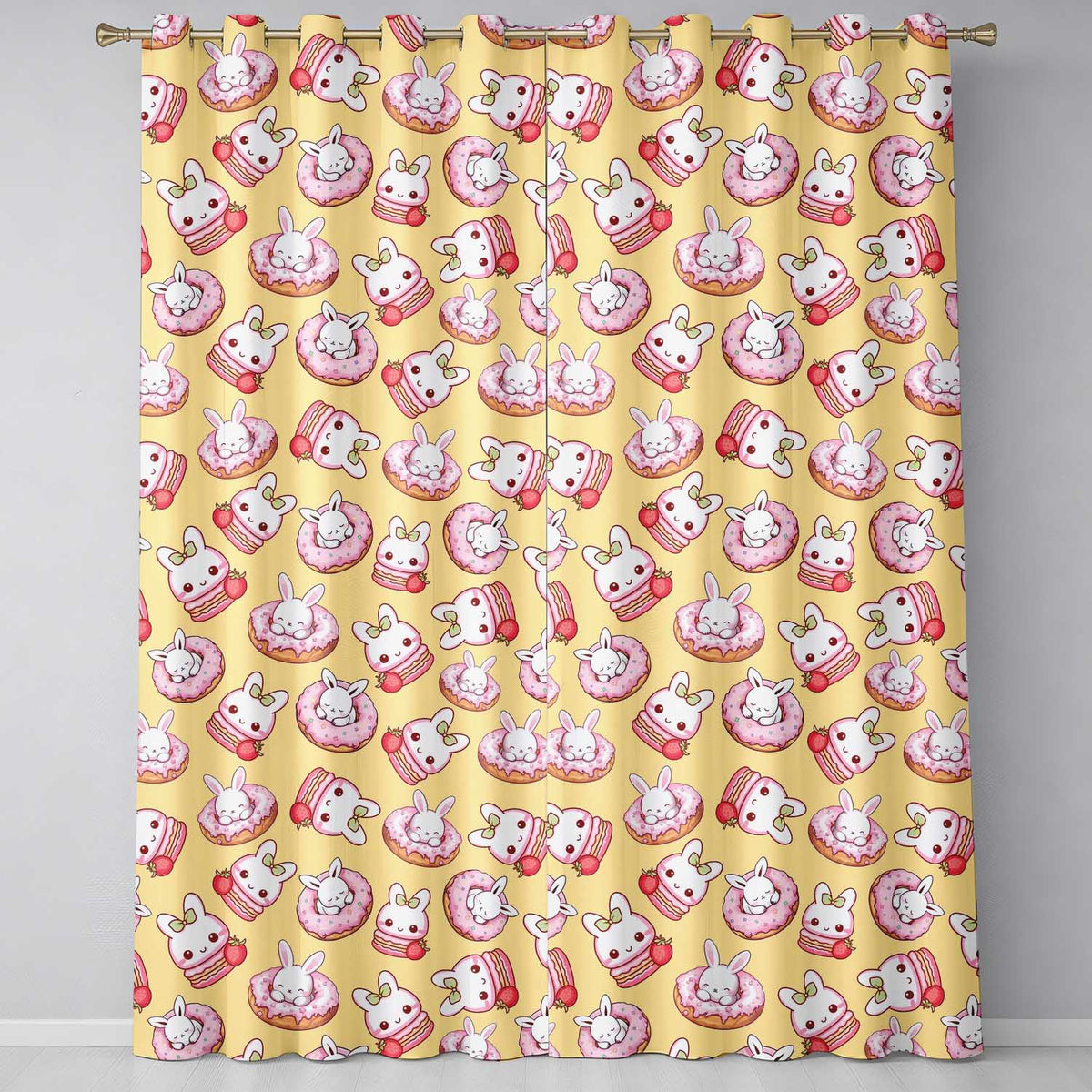 Cute Kawaii Bunny Donuts Strawberry Dessert  Pattern Pastel Yellow Background  Readymade Eyelet Ring Top Thermal 100% Blackout Curtains
