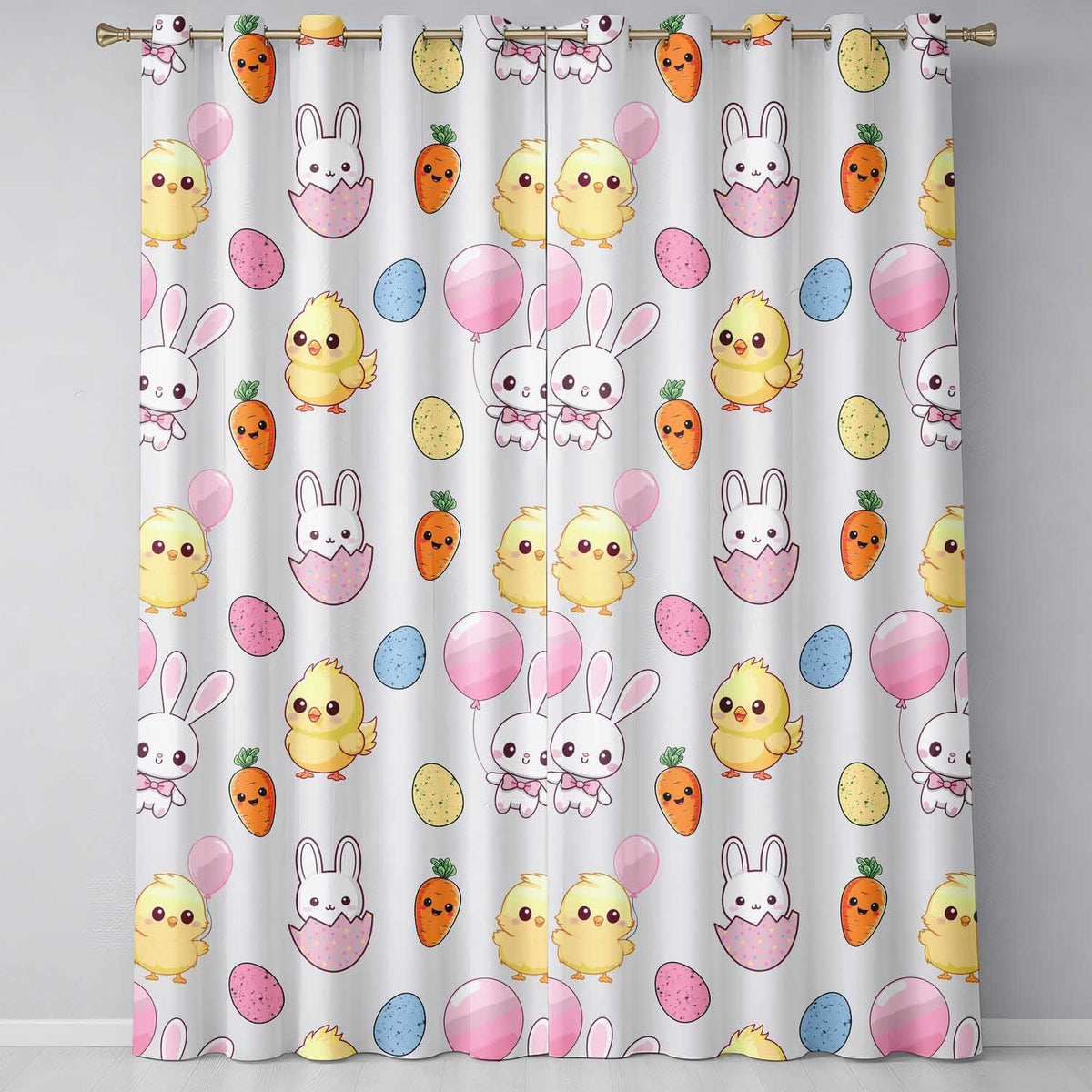 Cute Easter Bunny Chick Eggs Carrot Cute Seamless Pattern Cream Background  Readymade Eyelet Ring Top Thermal 100% Blackout Curtains