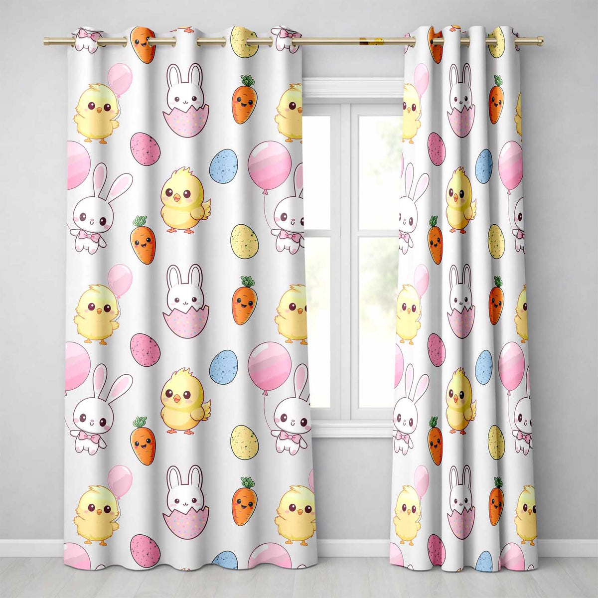 Cute Easter Bunny Chick Eggs Carrot Cute Seamless Pattern Cream Background  Readymade Eyelet Ring Top Thermal 100% Blackout Curtains