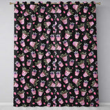 Cute Pink Plant Pots Leaves Strawberry Seamless Pattern Black Background  Readymade Eyelet Ring Top Thermal 100% Blackout Curtains