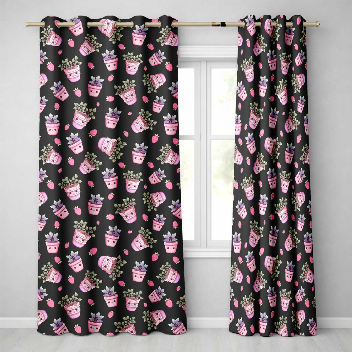 Cute Pink Plant Pots Leaves Strawberry Seamless Pattern Black Background  Readymade Eyelet Ring Top Thermal 100% Blackout Curtains