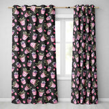 Cute Pink Plant Pots Leaves Strawberry Seamless Pattern Black Background  Readymade Eyelet Ring Top Thermal 100% Blackout Curtains