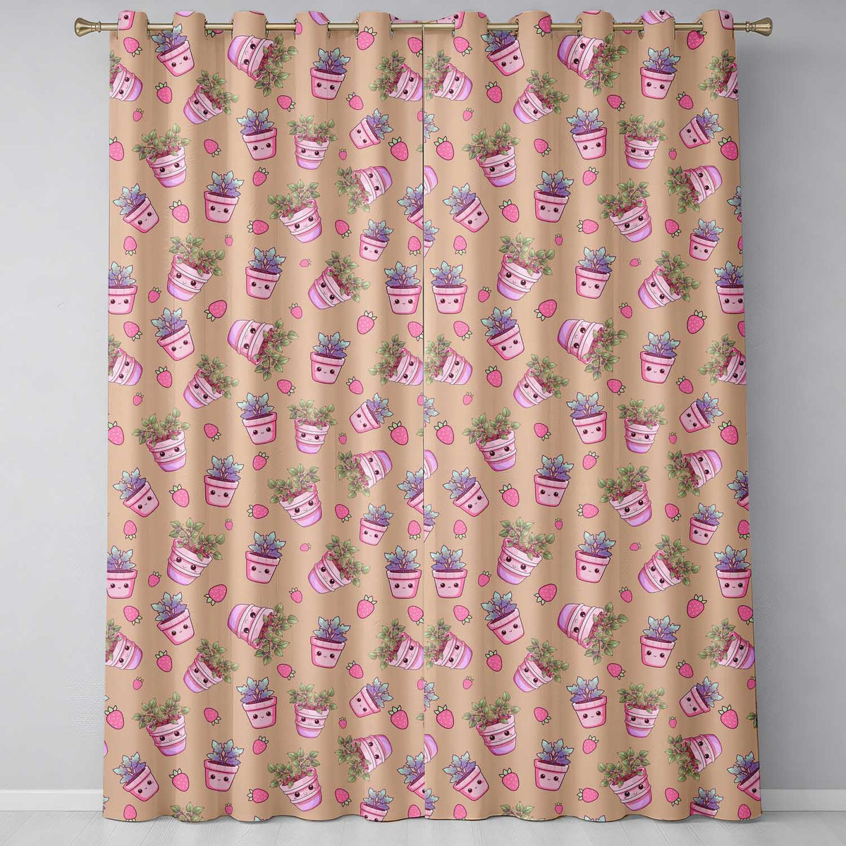 Cute Pink Plant Pots Leaves Strawberry Seamless Pattern Beige Background  Readymade Eyelet Ring Top Thermal 100% Blackout Curtains