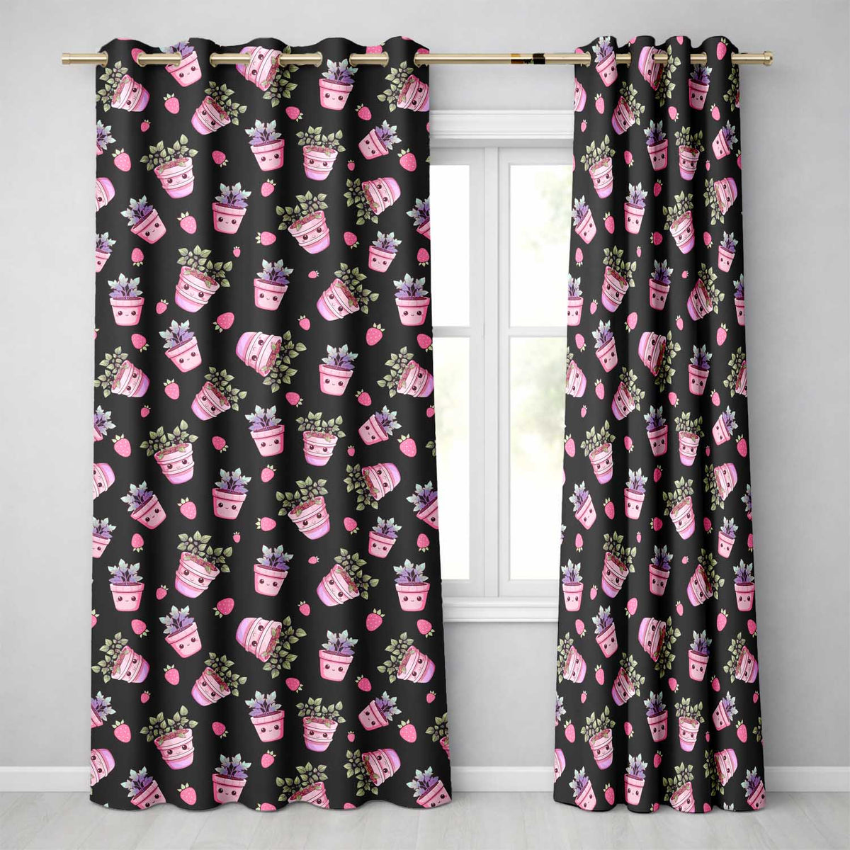 Cute Pink Plant Pots Leaves Strawberry Seamless Pattern Dark Background  Readymade Eyelet Ring Top Thermal 100% Blackout Curtains