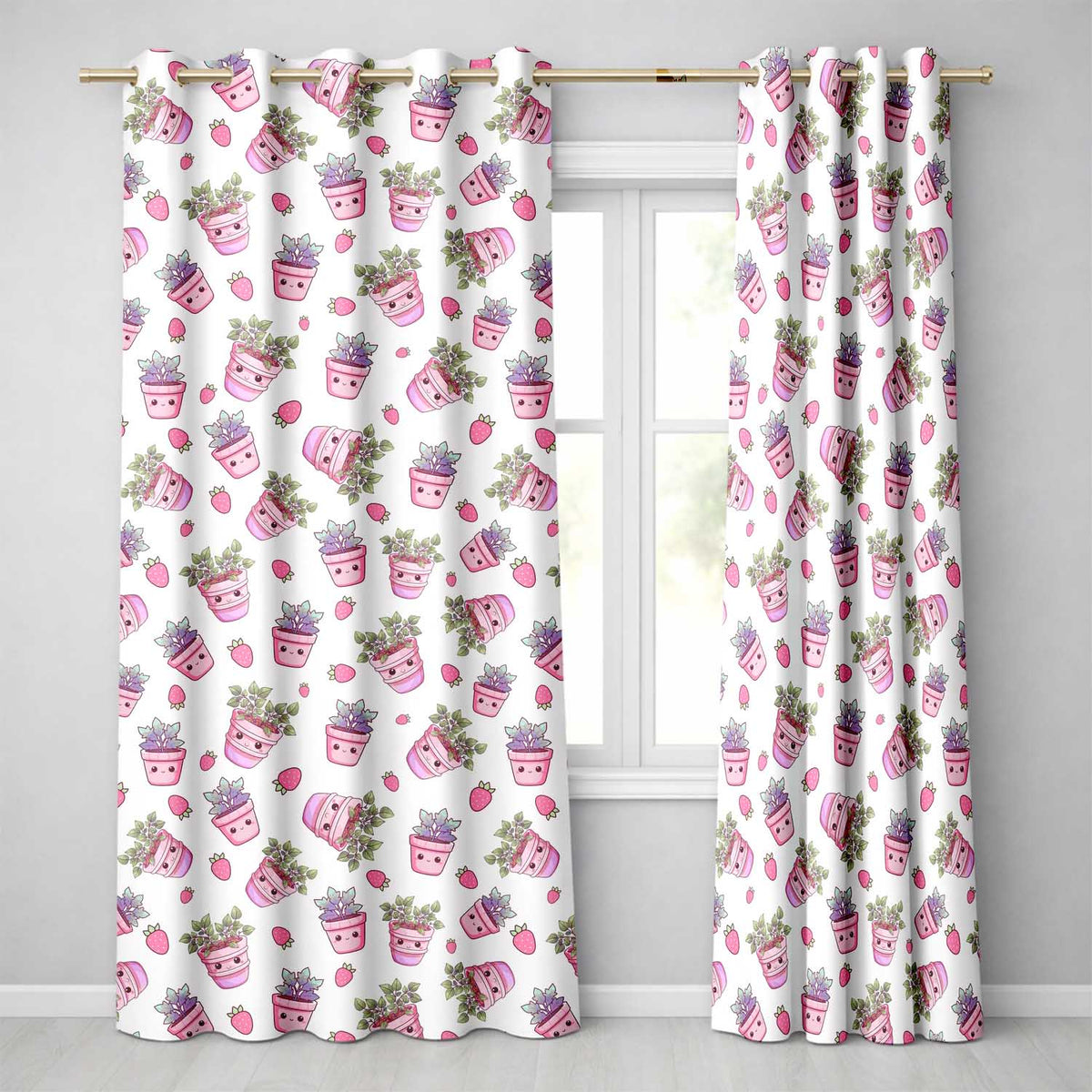 Cute Pink Plant Pots Leaves Strawberry Seamless Pattern Cream Background  Readymade Eyelet Ring Top Thermal 100% Blackout Curtains