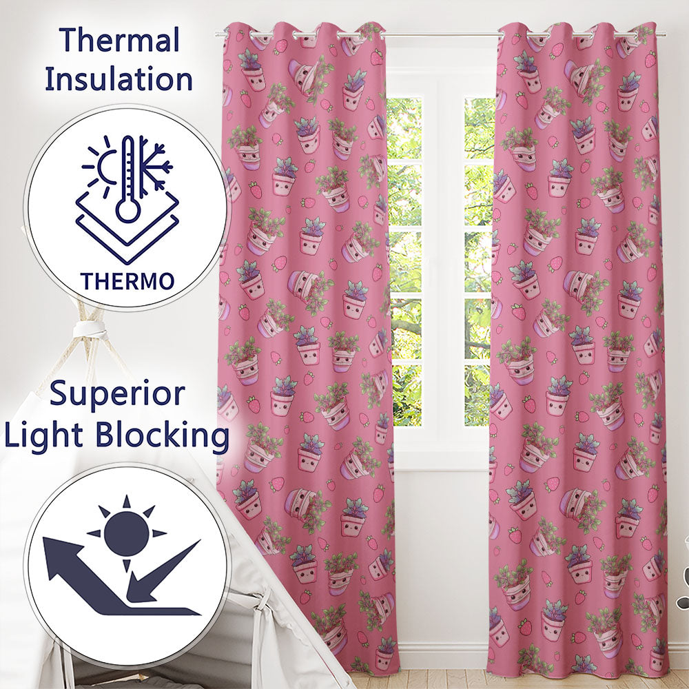 Cute Pink Plant Pots Leaves Strawberry Seamless Pattern Rose Background  Readymade Eyelet Ring Top Thermal 100% Blackout Curtains