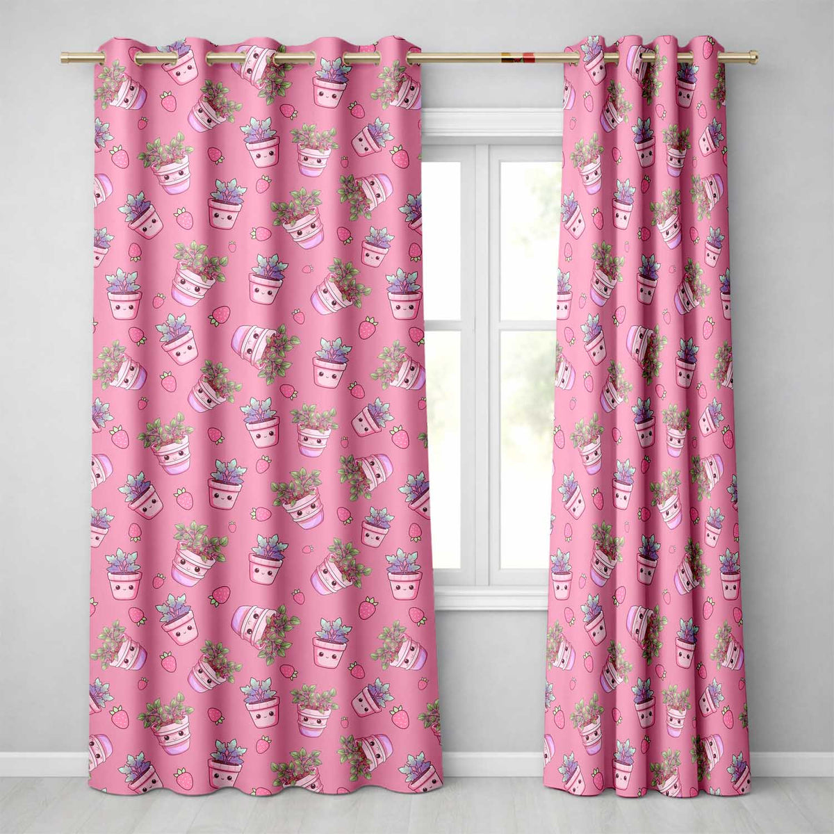 Cute Pink Plant Pots Leaves Strawberry Seamless Pattern Rose Background  Readymade Eyelet Ring Top Thermal 100% Blackout Curtains