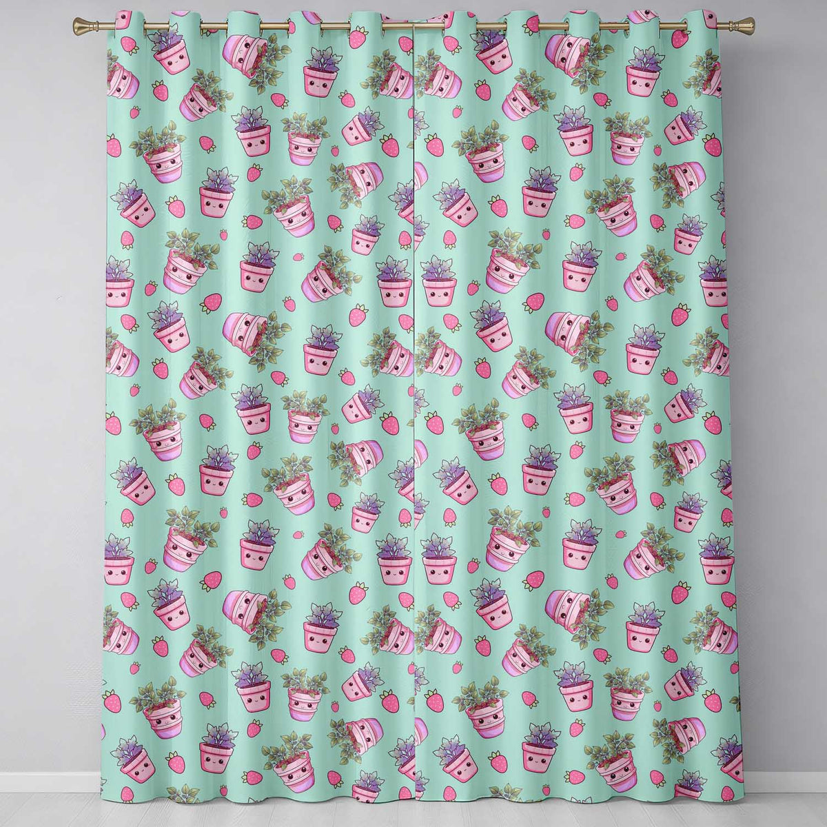 Cute Pink Plant Pots Leaves Strawberry Seamless Pattern Mint Background  Readymade Eyelet Ring Top Thermal 100% Blackout Curtains