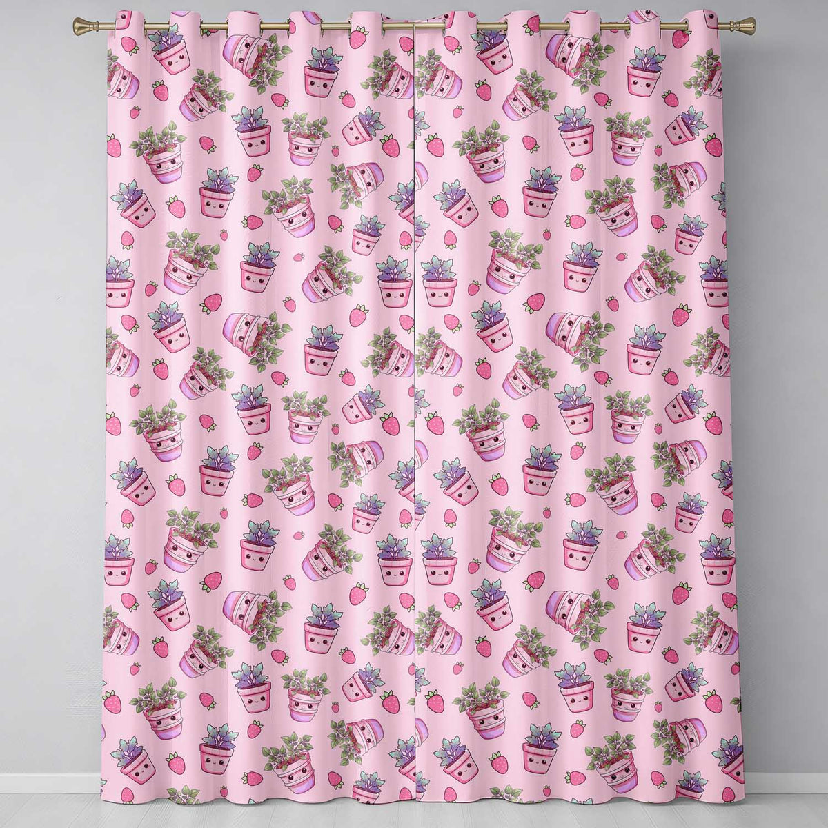 Cute Pink Plant Pots Leaves Strawberry Seamless Pattern Blush Background  Readymade Eyelet Ring Top Thermal 100% Blackout Curtains