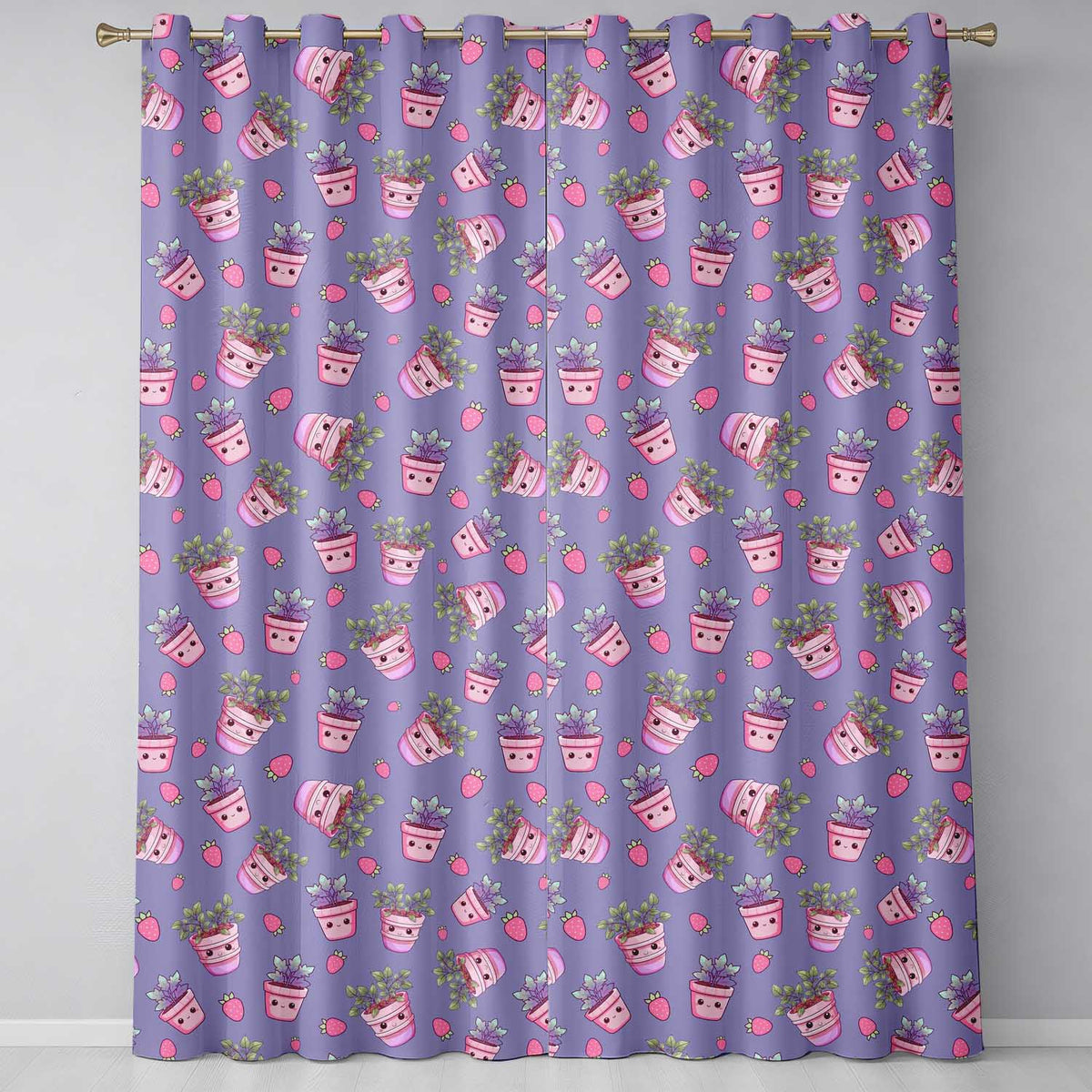 Cute Pink Plant Pots Leaves Strawberry Seamless Pattern Lavender Background  Readymade Eyelet Ring Top Thermal 100% Blackout Curtains