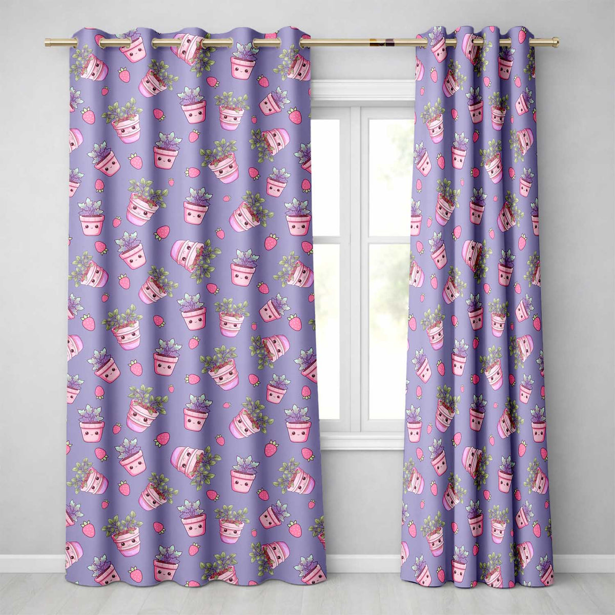 Cute Pink Plant Pots Leaves Strawberry Seamless Pattern Lavender Background  Readymade Eyelet Ring Top Thermal 100% Blackout Curtains
