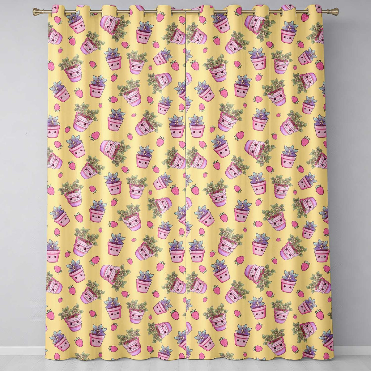 Cute Pink Plant Pots Leaves Strawberry Seamless Pattern Yellow Background  Readymade Eyelet Ring Top Thermal 100% Blackout Curtains