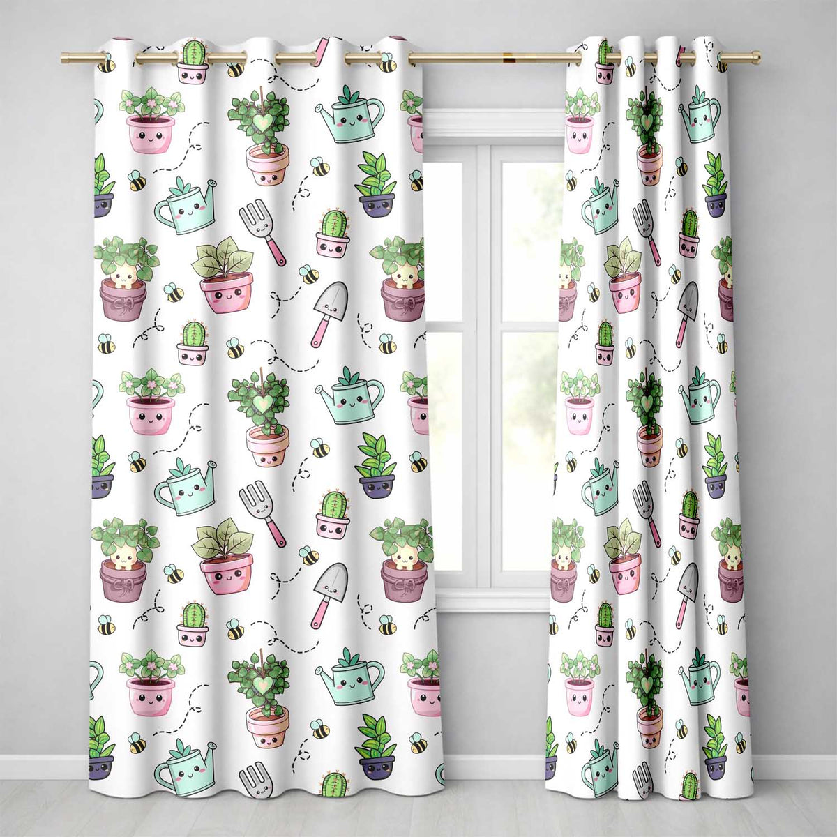 Cute Kawaii Garden Tools Plants Bees Seamless Pattern Cream Background  Readymade Eyelet Ring Top Thermal 100% Blackout Curtains
