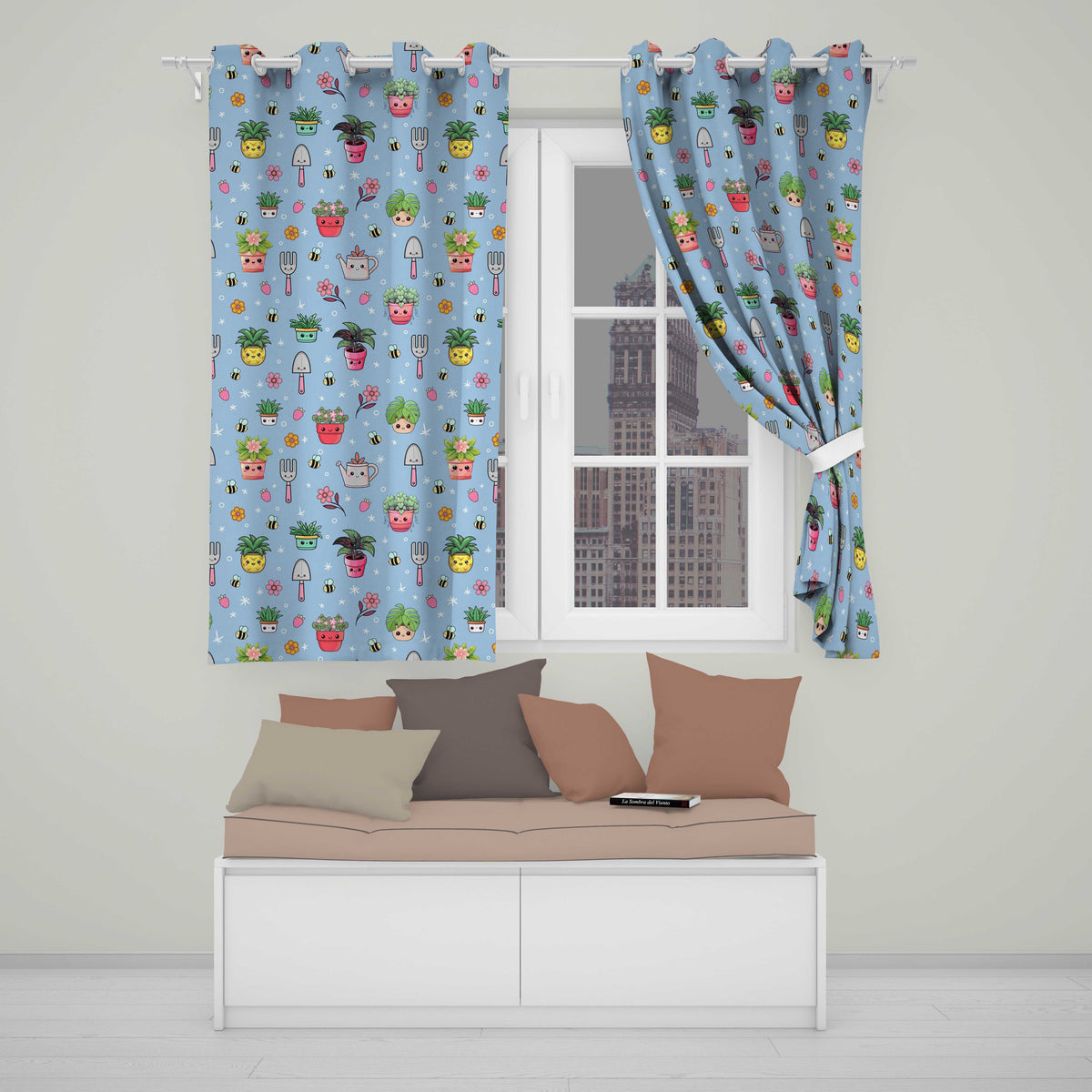 Cute Kawaii Garden Tools Plants Bees Seamless Pattern Blue Floral Background  Readymade Eyelet Ring Top Thermal 100% Blackout Curtains