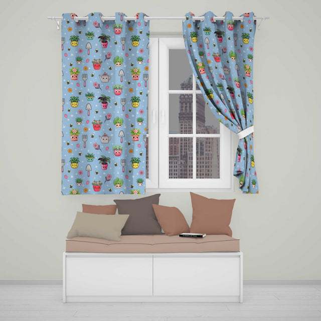 Cute Kawaii Garden Tools Plants Bees Seamless Pattern Blue Floral Background  Readymade Eyelet Ring Top Thermal 100% Blackout Curtains