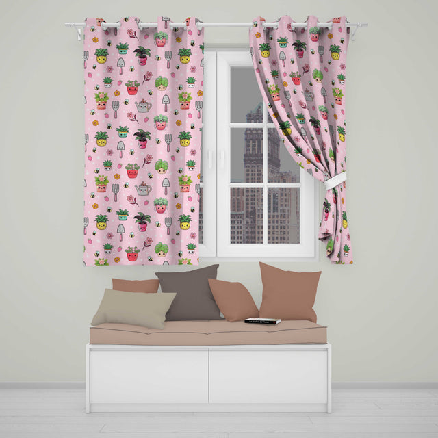 Cute Kawaii Garden Tools Plants Bees Seamless Pattern Pink Floral Background  Readymade Eyelet Ring Top Thermal 100% Blackout Curtains