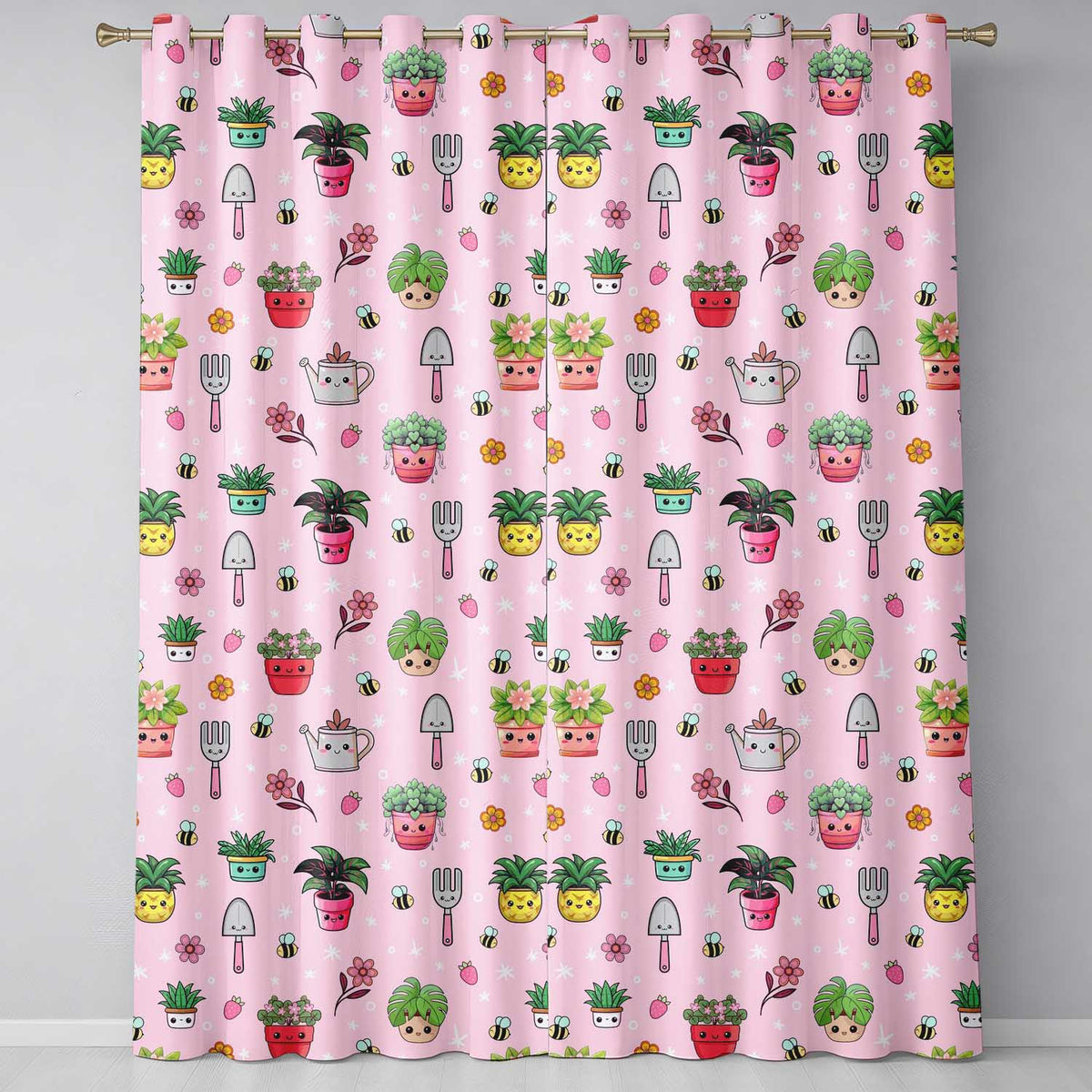 Cute Kawaii Garden Tools Plants Bees Seamless Pattern Pink Floral Background  Readymade Eyelet Ring Top Thermal 100% Blackout Curtains