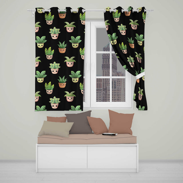 Cute Kawaii Cute Plant Pots Leaves Seamless Pattern Black Background  Readymade Eyelet Ring Top Thermal 100% Blackout Curtains