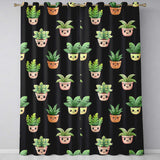 Cute Kawaii Cute Plant Pots Leaves Seamless Pattern Black Background  Readymade Eyelet Ring Top Thermal 100% Blackout Curtains