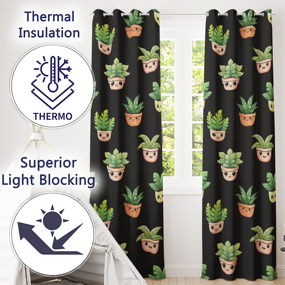 Cute Kawaii Cute Plant Pots Leaves Seamless Pattern Black Background  Readymade Eyelet Ring Top Thermal 100% Blackout Curtains