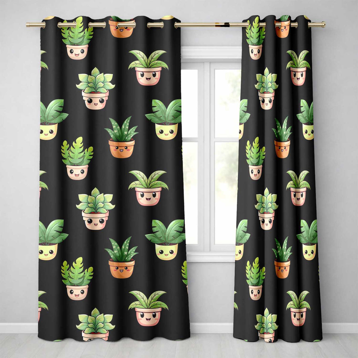 Cute Kawaii Cute Plant Pots Leaves Seamless Pattern Black Background  Readymade Eyelet Ring Top Thermal 100% Blackout Curtains