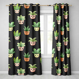 Cute Kawaii Cute Plant Pots Leaves Seamless Pattern Black Background  Readymade Eyelet Ring Top Thermal 100% Blackout Curtains