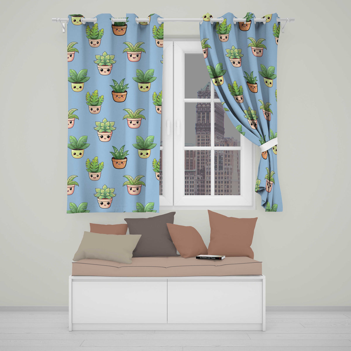 Cute Kawaii Cute Plant Pots Leaves Seamless Pattern Blue Background  Readymade Eyelet Ring Top Thermal 100% Blackout Curtains