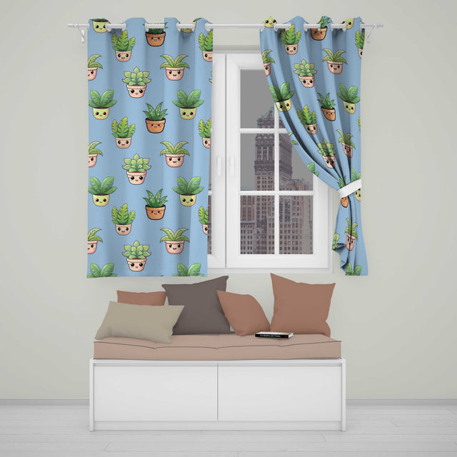 Cute Kawaii Cute Plant Pots Leaves Seamless Pattern Blue Background  Readymade Eyelet Ring Top Thermal 100% Blackout Curtains