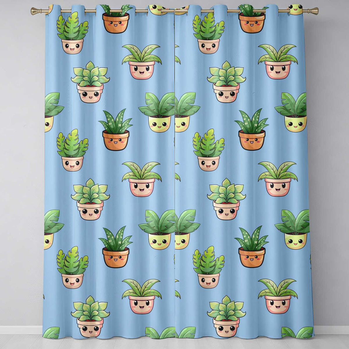 Cute Kawaii Cute Plant Pots Leaves Seamless Pattern Blue Background  Readymade Eyelet Ring Top Thermal 100% Blackout Curtains