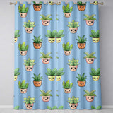 Cute Kawaii Cute Plant Pots Leaves Seamless Pattern Blue Background  Readymade Eyelet Ring Top Thermal 100% Blackout Curtains