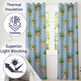 Cute Kawaii Cute Plant Pots Leaves Seamless Pattern Blue Background  Readymade Eyelet Ring Top Thermal 100% Blackout Curtains