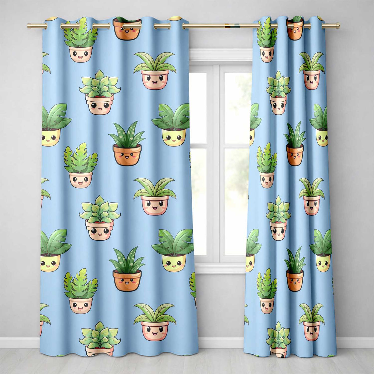 Cute Kawaii Cute Plant Pots Leaves Seamless Pattern Blue Background  Readymade Eyelet Ring Top Thermal 100% Blackout Curtains