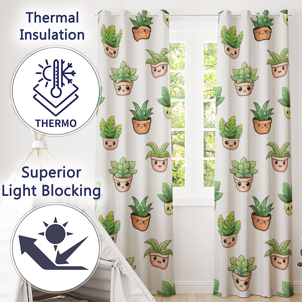 Cute Kawaii Smiling Plant Pots Leaves Seamless Pattern Cream Background  Readymade Eyelet Ring Top Thermal 100% Blackout Curtains