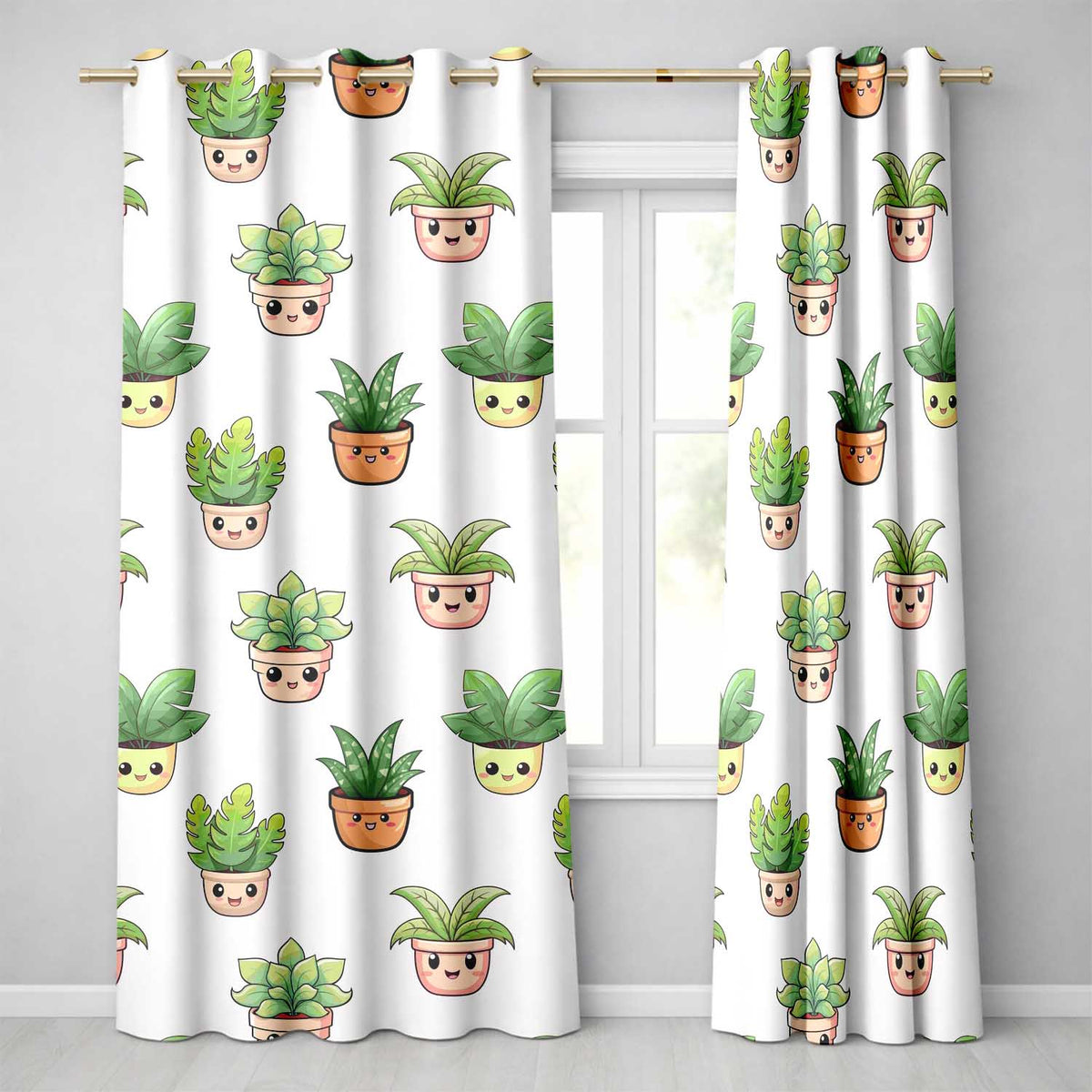 Cute Kawaii Smiling Plant Pots Leaves Seamless Pattern Cream Background  Readymade Eyelet Ring Top Thermal 100% Blackout Curtains