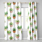 Cute Kawaii Smiling Plant Pots Leaves Seamless Pattern Cream Background  Readymade Eyelet Ring Top Thermal 100% Blackout Curtains