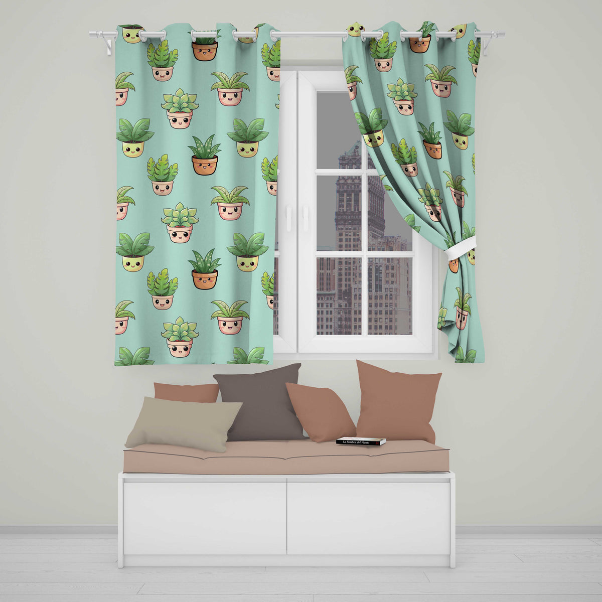 Cute Kawaii Smiling Plant Pots Leaves Seamless Pattern Mint Background  Readymade Eyelet Ring Top Thermal 100% Blackout Curtains