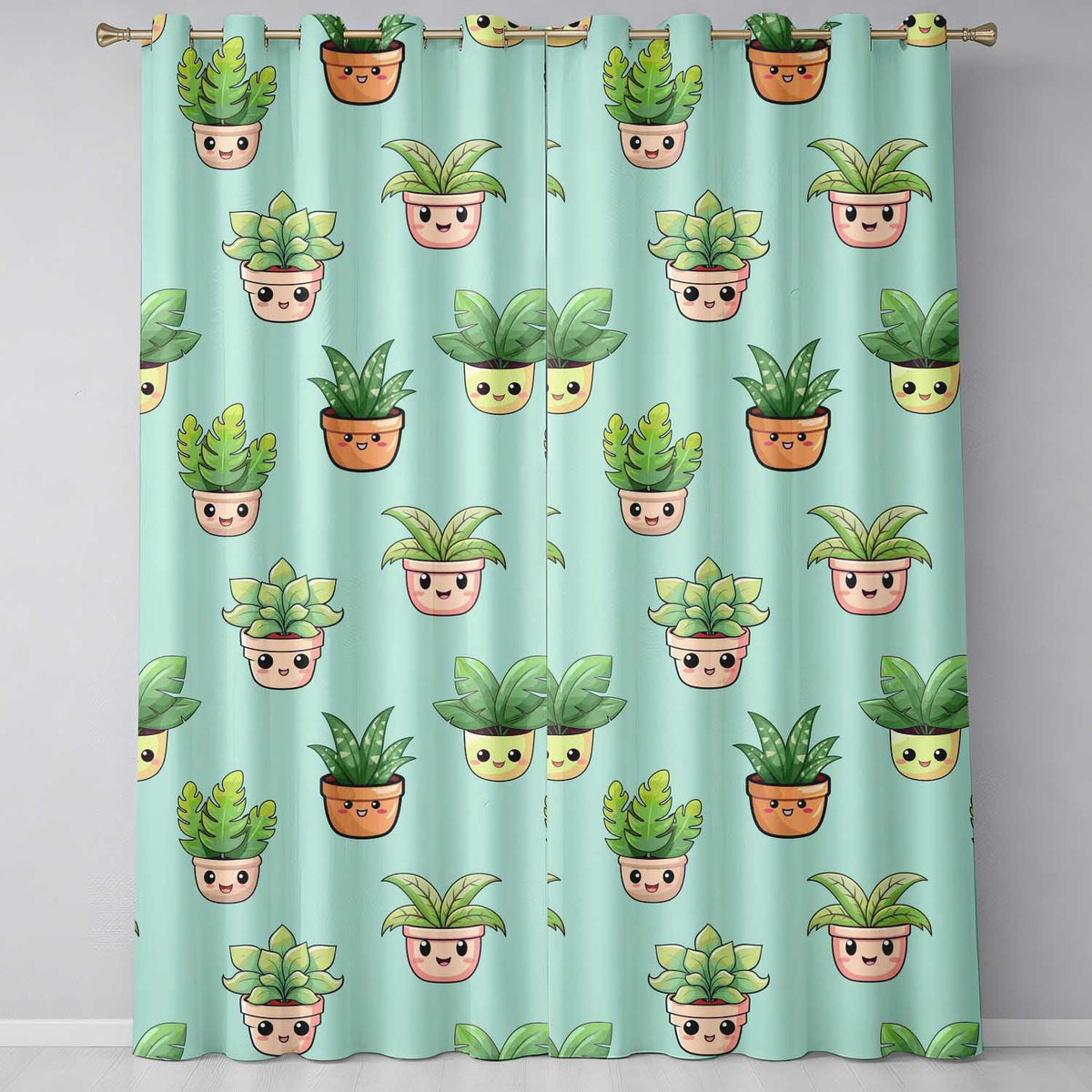 Cute Kawaii Smiling Plant Pots Leaves Seamless Pattern Mint Background  Readymade Eyelet Ring Top Thermal 100% Blackout Curtains