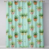Cute Kawaii Smiling Plant Pots Leaves Seamless Pattern Mint Background  Readymade Eyelet Ring Top Thermal 100% Blackout Curtains
