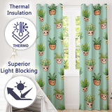 Cute Kawaii Smiling Plant Pots Leaves Seamless Pattern Mint Background  Readymade Eyelet Ring Top Thermal 100% Blackout Curtains
