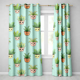 Cute Kawaii Smiling Plant Pots Leaves Seamless Pattern Mint Background  Readymade Eyelet Ring Top Thermal 100% Blackout Curtains