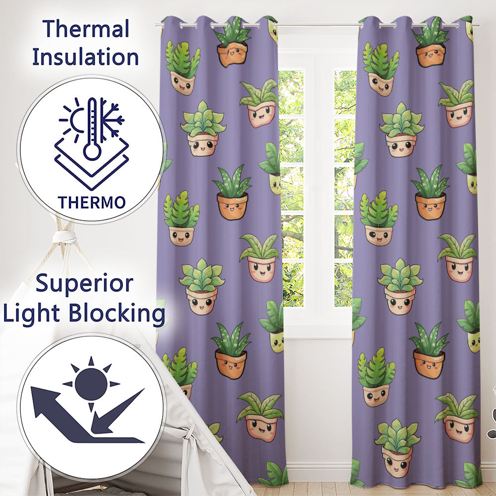 Cute Kawaii Smiling Plant Pots Leaves Seamless Pattern Purple Background  Readymade Eyelet Ring Top Thermal 100% Blackout Curtains
