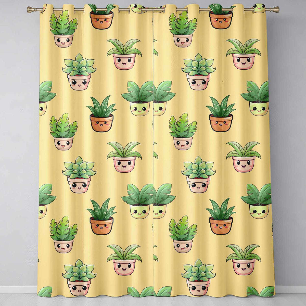 Cute Kawaii Smiling Plant Pots Leaves Seamless Pattern Yellow Background  Readymade Eyelet Ring Top Thermal 100% Blackout Curtains