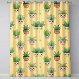 Cute Kawaii Smiling Plant Pots Leaves Seamless Pattern Yellow Background  Readymade Eyelet Ring Top Thermal 100% Blackout Curtains
